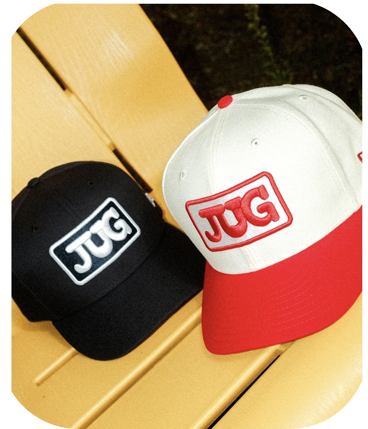 JUG hats on yellow chair